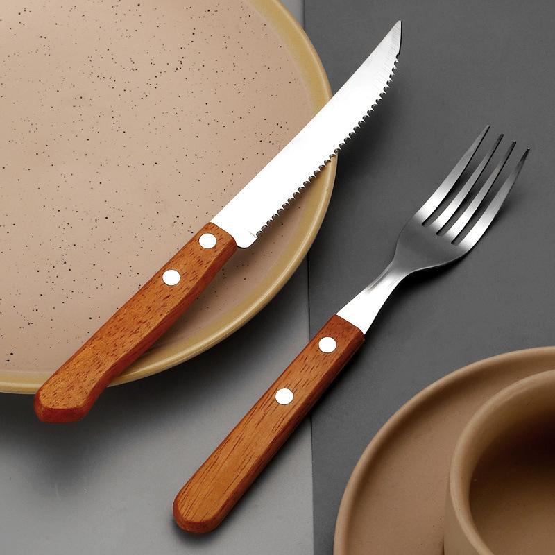 Stainless Steel Clip Handle Tableware Knife, Fork and Spoon Three-Piece Hotel Steak Knife and Fork Knife, Fork and Spoon New Creative Wooden Handle Steak Knife and Fork 2