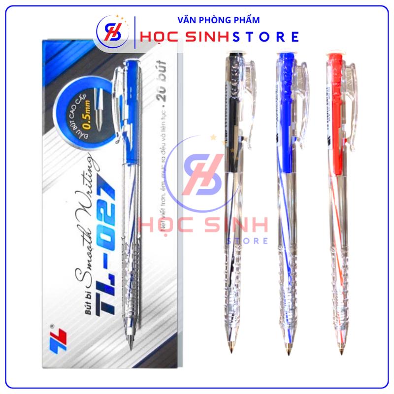 Hộp 20 Cây Bút Bi Bấm Thiên Long TL-027 Ngòi 0.5mm, Được Sản Xuất Thẻo Công Nghệ Thụy Sĩ( Xanh, đỏ đen )