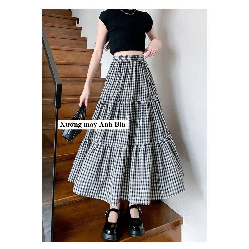 Chân váy maxi 3 tầng kẻ caro cạp chun lưng cao, dài 86-88cm chất đũi Nhật cao cấp mềm mại và thanh thoát 5