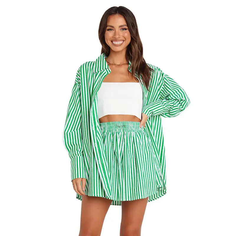 Two-Piece Set Women's Striped Print Two Piece Set, Summer Outfits 2024, Casual Drop Shoulder Shirt & Drawstring Wide Leg Shorts Summer Lounge Sets, Co-ords for Women, Ladies Summer Matching Sets Going Out Clothes, Co-ord Set Outfits, Women's Clothing 7