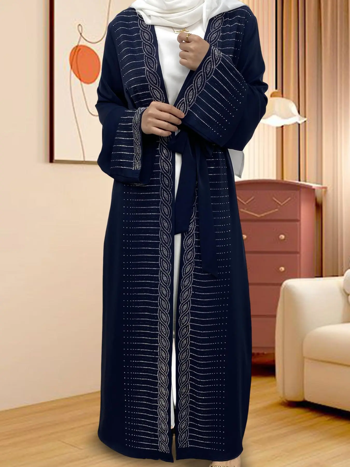 Women's Embroidered Abaya without Hijab, Modest Casual Long Sleeve Open Front Lounge Dress for Daily Wear, Ladies Sleepwear for All Seasons