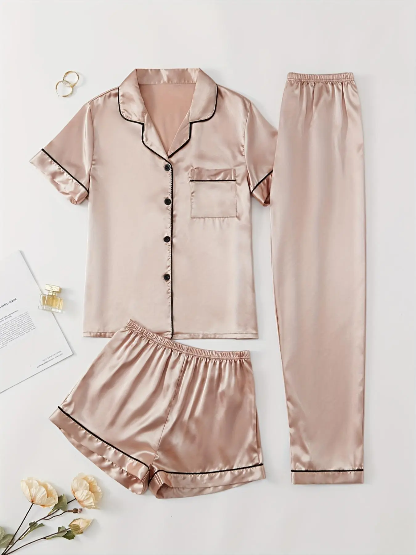 Women's Solid Contrast Binding Lapel Collar Button Front Shirt & Elastic Waist Shorts & Pants Satin Pyjama Set, Casual Comfy Top & Shorts & Trousers PJ Set, Ladies Summer Sleepwear, Womenswear