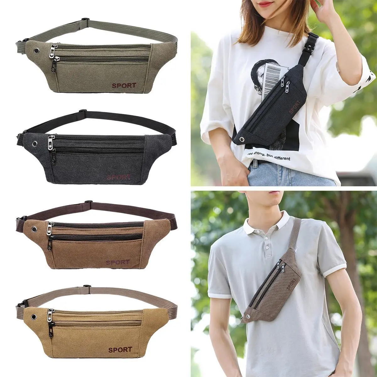 Outdoor Solid Color Canvas Waist Bag Sports Running Casual Crossbody Chest Bag