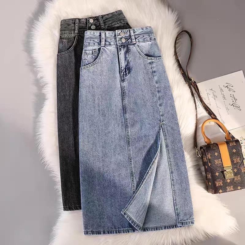 Chân váy bò nữ dáng xẻ tà Chấn váy denim jeans túi nắp cạp cao 2 màu đen và xanh đủ size 40-65kg
