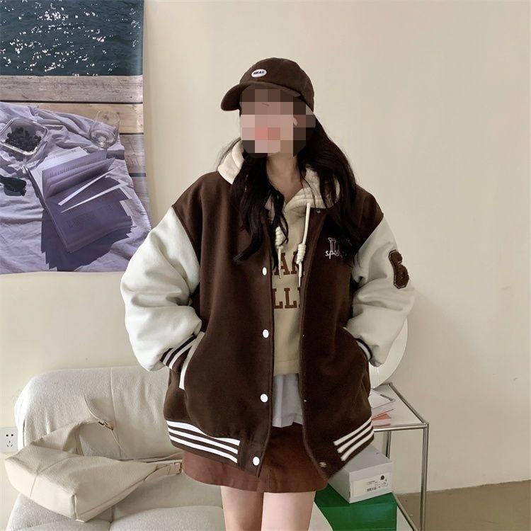 Product Introduction of 2022 Autumn and Winter New American Vintage Fleece-Lined Baseball Uniform Women's Printed Korean Style Loose-Fitting Student Coat Small Fashion Womenswear Jackets 9