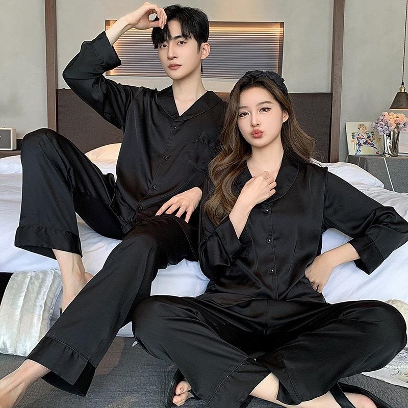 Bộ đồ ngủ nam nữ bộ lụa xuân thu dài tay đen ,xanh than,chất lụa cao cấp Menswear Có Cổ