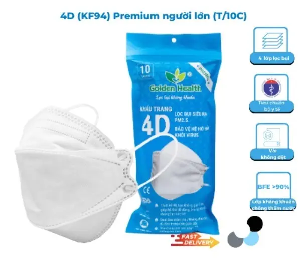 Khẩu Trang 4D - KF94 GOLDEN HEALTH lọc bụi, kháng khuẩn (túi 10 cái) 4