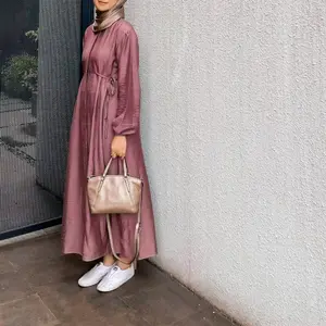 Gamis Midi Dress Linen Tali Pinggang Hazzel Wanita Dewasa  Ful Kancing Variasi Tali pinggang Pakaian Dress Muslim Panjang Bahan Polo Linen Premium