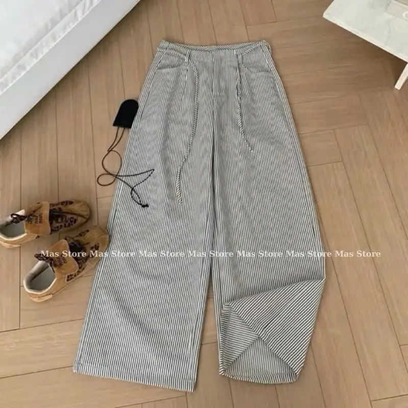 ￼Quần Suông Kẻ Sọc Xếp Li Kèm Dây Chất Kate form rộng style Ulzzang MAS STORE21