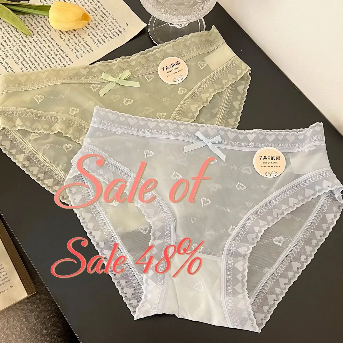 Sét 10 quần lót ren lụa, hoạ tiết trái tim mỏng mát thoáng không lộ viền Women Kem Voan Women Kem Cotton