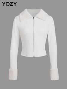 YOZY Women's Solid Textured Contrast Faux Fur Zip Up Hooded Jacket, Casual Long Sleeve Collared Outerwear for Fall & Winter, Ladies Clothes for Daily Wear