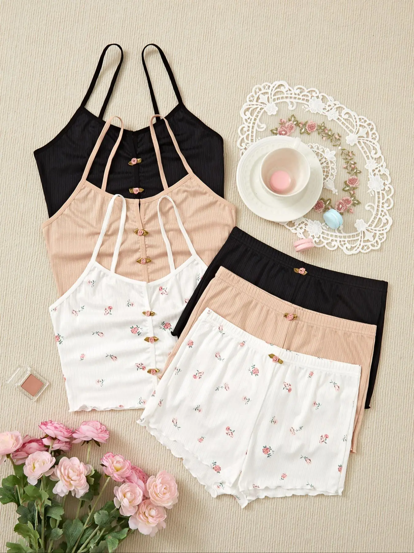 Six-Piece Set Women's Floral Print Cami Top & Elastic Waist Shorts Pyjama Set, Summer Sets, Summer Wear 2024, Backless Spaghetti Strap Camisole & Lettuce Trim Shorts PJ Set, Summer Sleepwear Set for Ladies