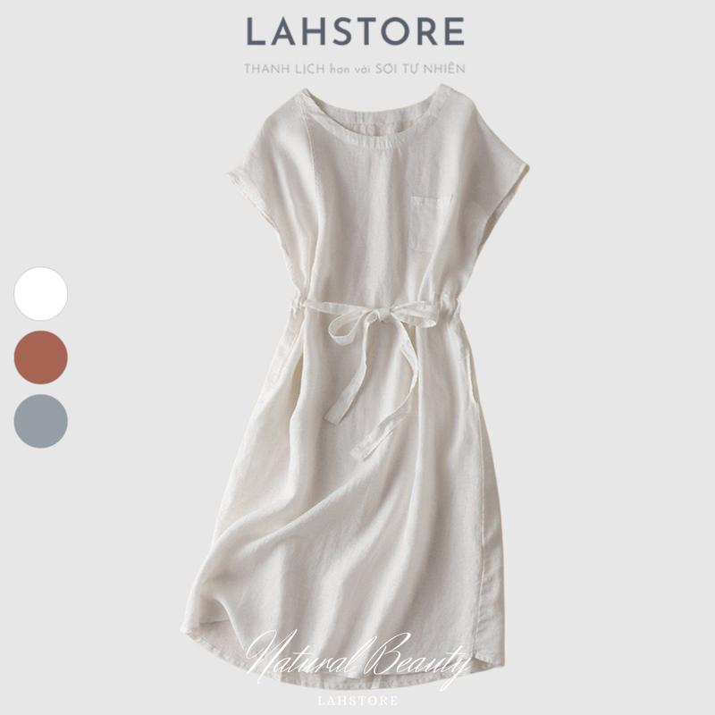  Đầm suông linen nữ LAHSTORE cổ tròn tay hến eo rút dây  Trắng  Dress 