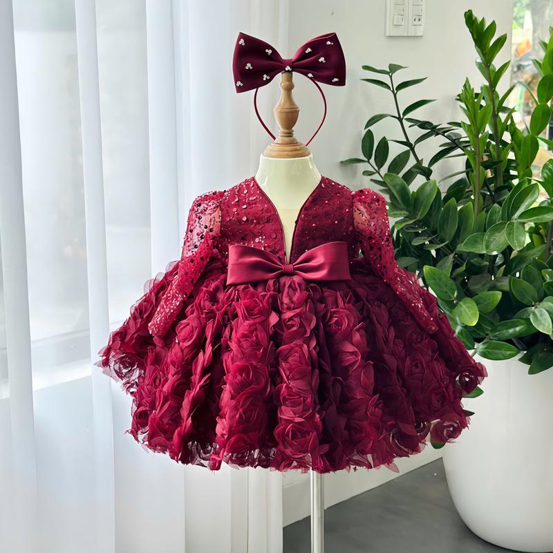 Váy/đầm tết cho bé, Đầm công chúa dài tay bé gái, váy công chúa dài tay bé gái kim sa