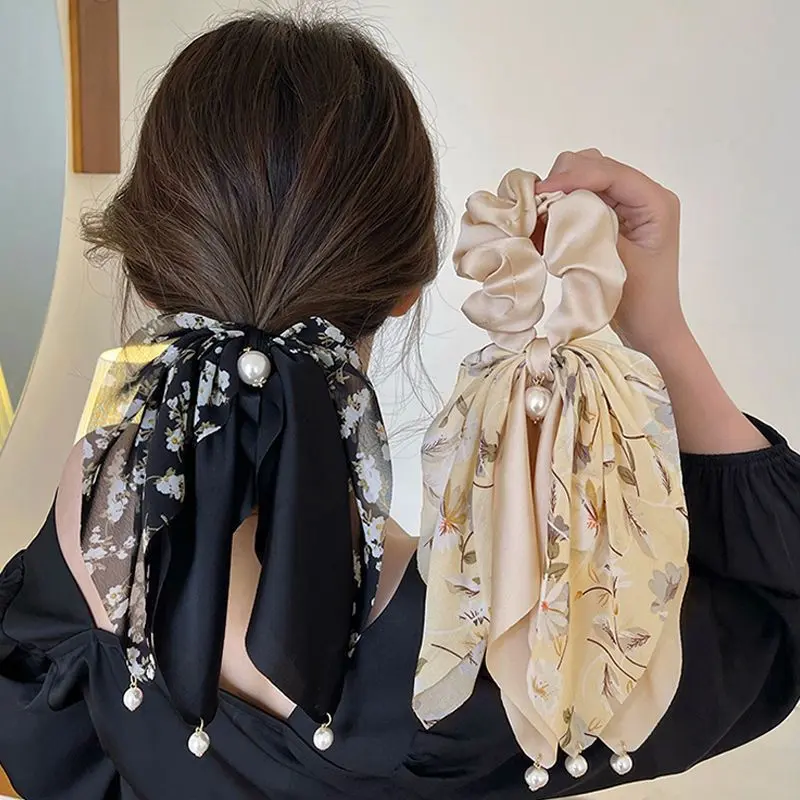 Ikat Rambut Pita Kain Satin Mutiara Fashion Korea Wanita