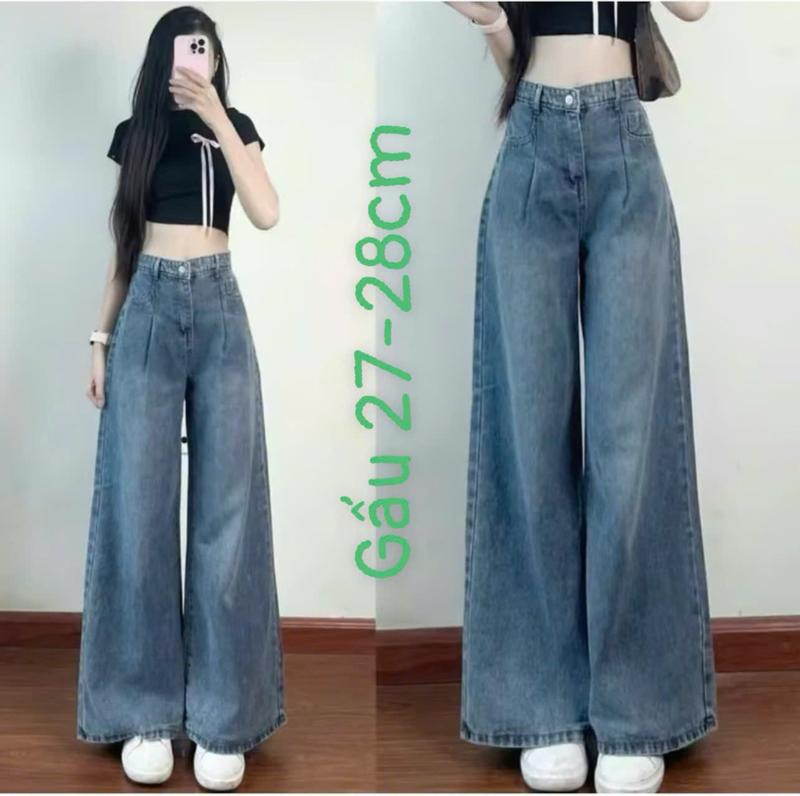 Quần jean bò xếp ly ống suông rộng nữ 1m47-1m57 quần 94-95cm, 1m57-1m65 quần 98-100cm, jeans cạp cao phong cách style 2