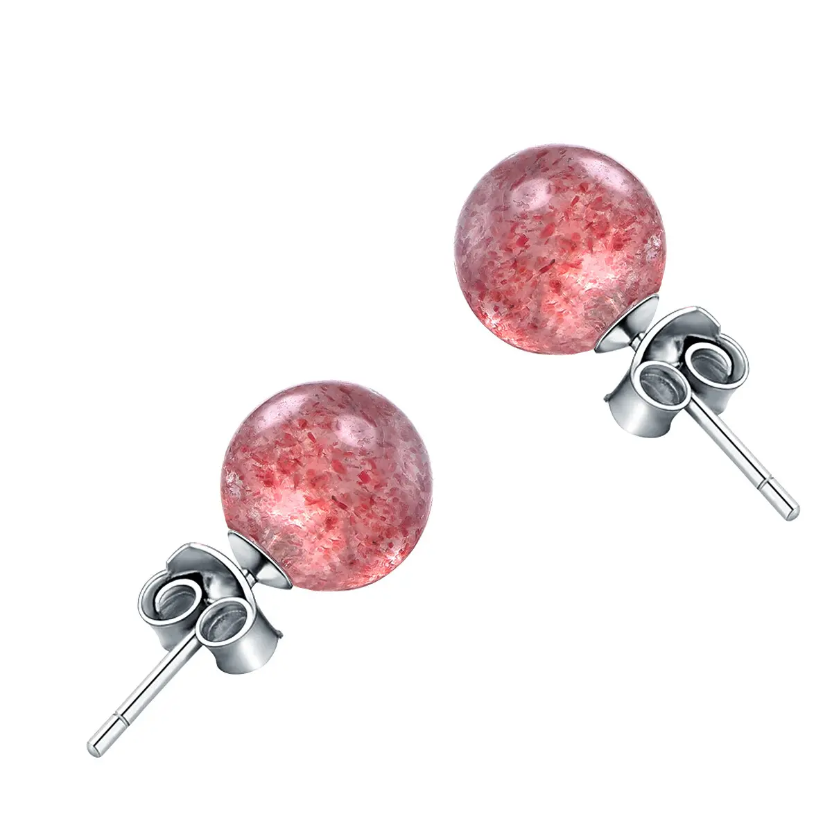 925 Sterling Silver Cute Round Stud Earrings Natural Strawberry Quartz Girl Birthday Gift