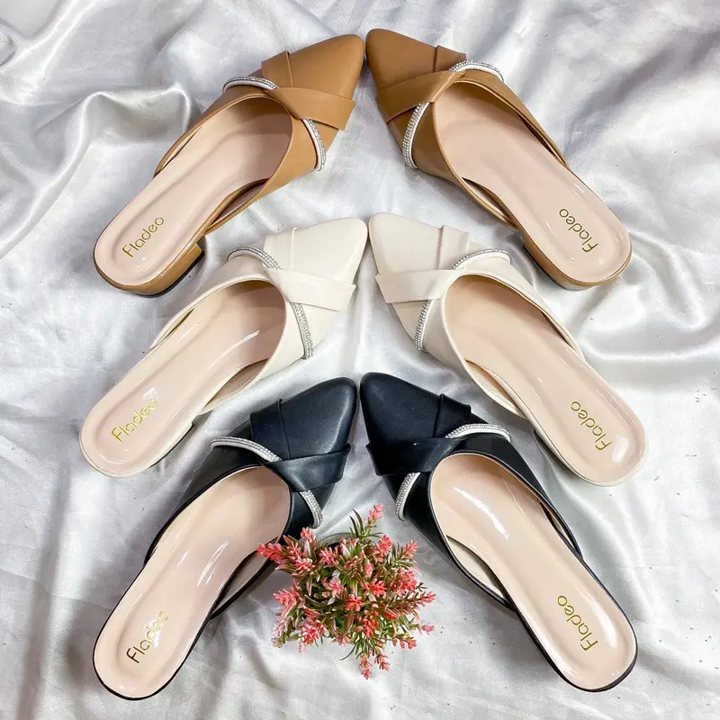 FLADEO Selop Sandal Wanita Variasi Tali Silang Gliter Hak Tahu 3CM Trendy Dan Simple Sendal Shoes 7
