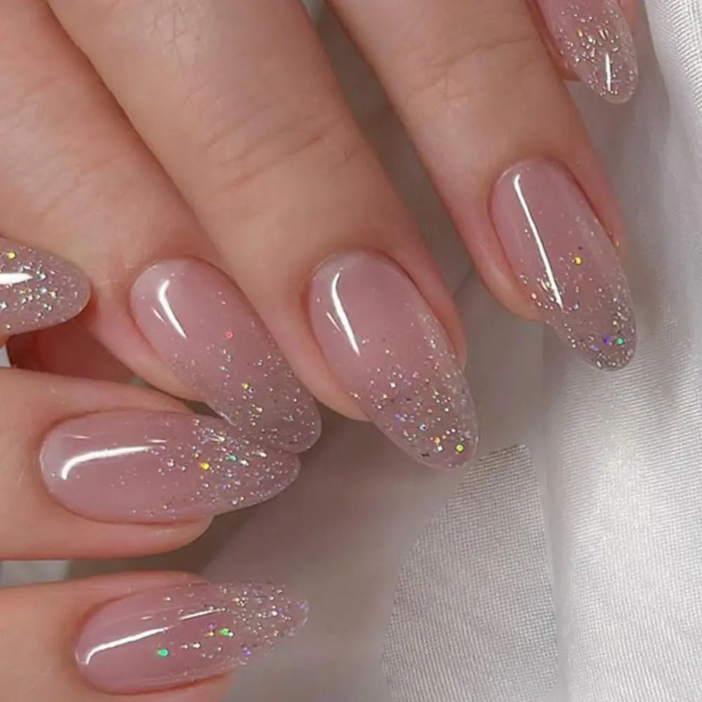 24pcs Nail Tips Fake Nials DIY Press on Nails French Glitter False Nails Long Almond
