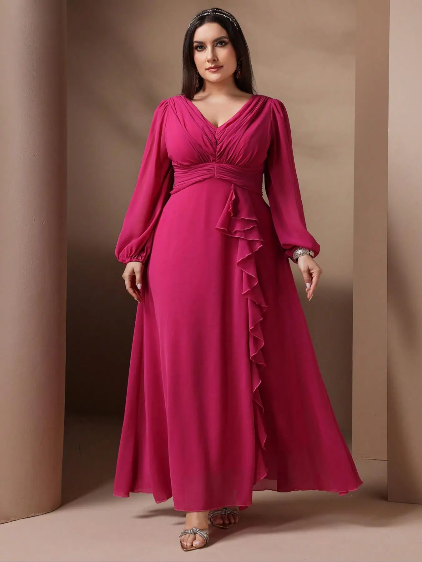 【Plus Size】 Plain Ruched Ruffle Hem Bishop Sleeve Dress, Elegant V Neck Long Sleeve A Line Dress for Party Wedding Guest, Women's Clothes for Spring & Fall