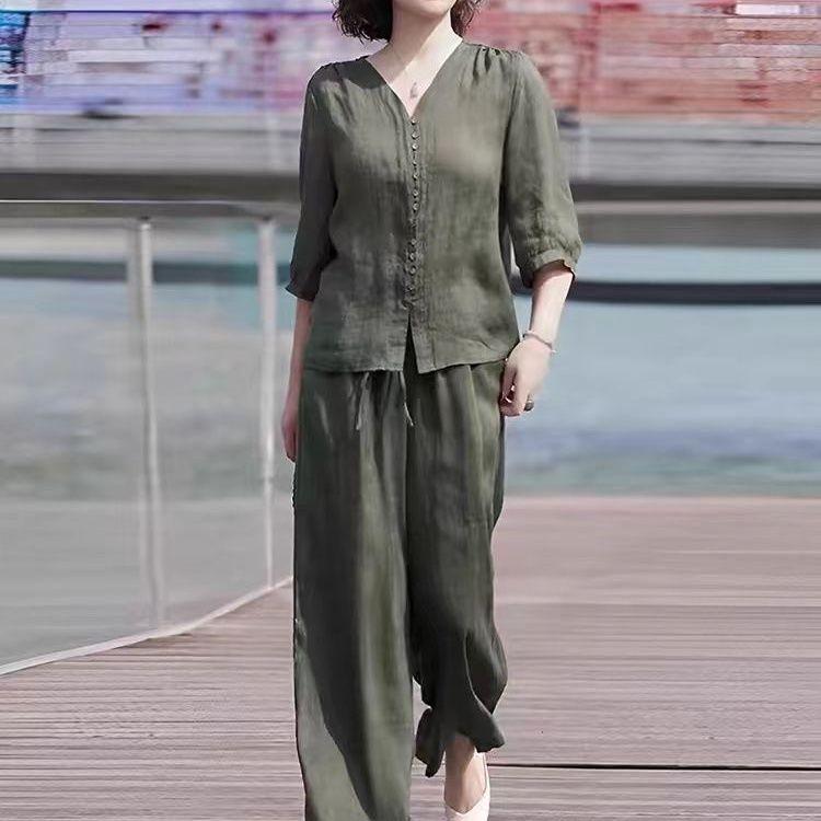 Bộ Đồ Vải Lanh Và Cotton, Bộ Sưu Tập Mới Cho Mẹ TRUNG NIÊN, Thời Trang Thường Ngày Hàng Mới Về Mùa Hè, Áo Vải Lanh Và Quần Ống Rộng, Bộ Hai Mảnh, 2024 9