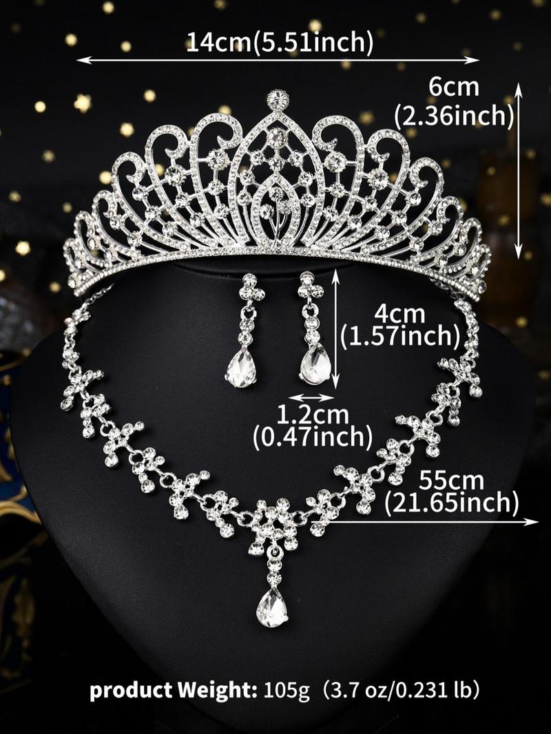 Product Introduction of Elegant Rhinestone Decorated Crown & Necklace & Dangle Earrings, Wedding Bridal Jewelry Set, Fashion Accessories for Party, Daily Clothing Decor 5