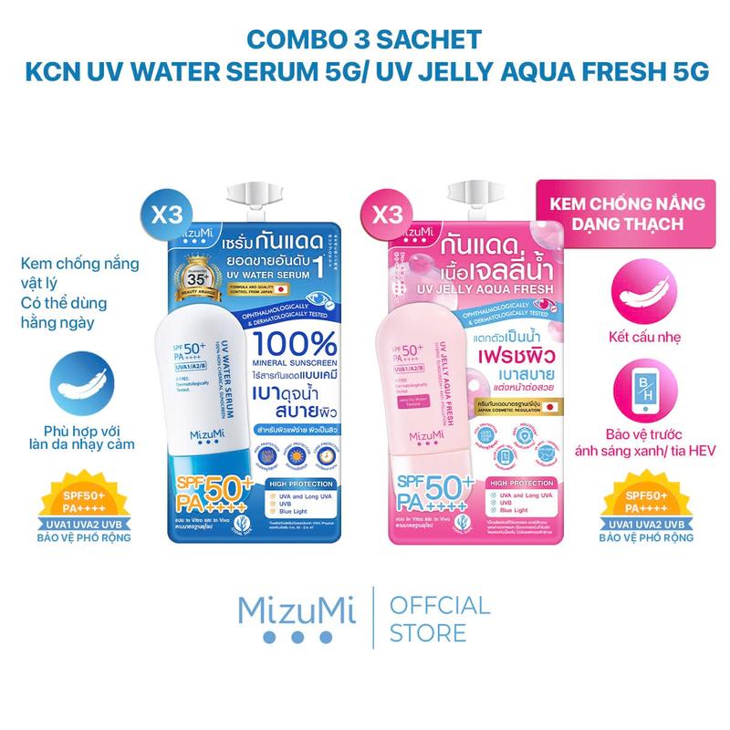  MizuMi Combo 3 Sachet Kem chống nắng UV Water Serum SPF50+ PA++++ 5g  Kem chống nắng dạng thạch UV Jelly Aqua Fresh 5g 