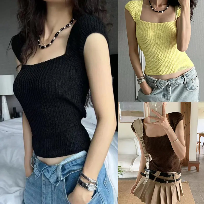 Women Knit Tops, Square Neck Short Sleeve Tie-up T-shirt Streetwear for Club Party