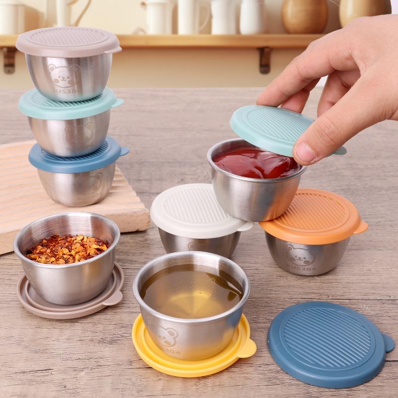 Product Introduction of 2/4Pcs Stainless Steel Sauce Cup Pepper Condiment Container with Lids Bear Sealing Leak-proof Sauce Cups Home Kitchen Storage Supplies 15