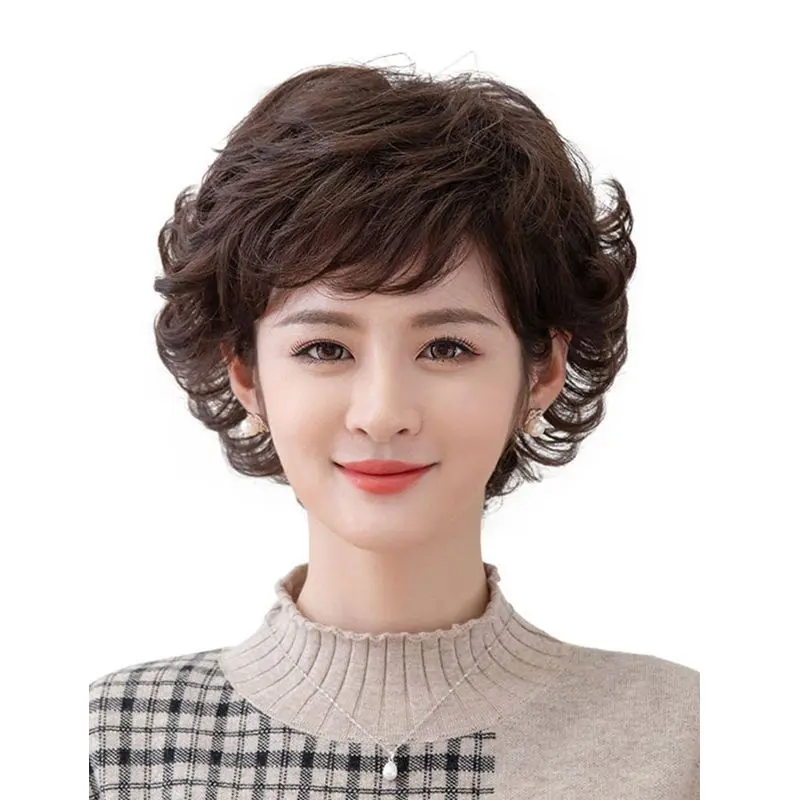 Wanita wig rambut pendek rambut keriting panjang sedang ibu berbulu alami gaya rambut keriting pendek helai rambut manusia nyata set wig setengah baya 3