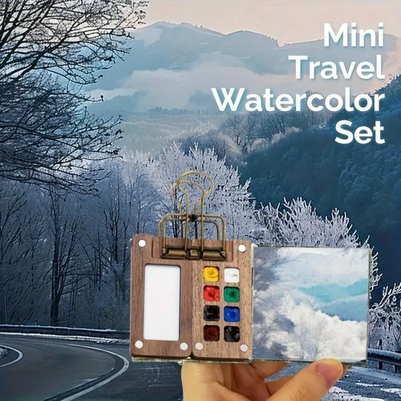 Mini Travel Watercolor Palette Set, 5 Counts/set Portable Wooden Watercolor Paint Box with Sketchbook & Color Pigments & Refillable Water Brush & Clip, Artist Bundle, Portable Art Supplies for Indoor & Outdoor 2