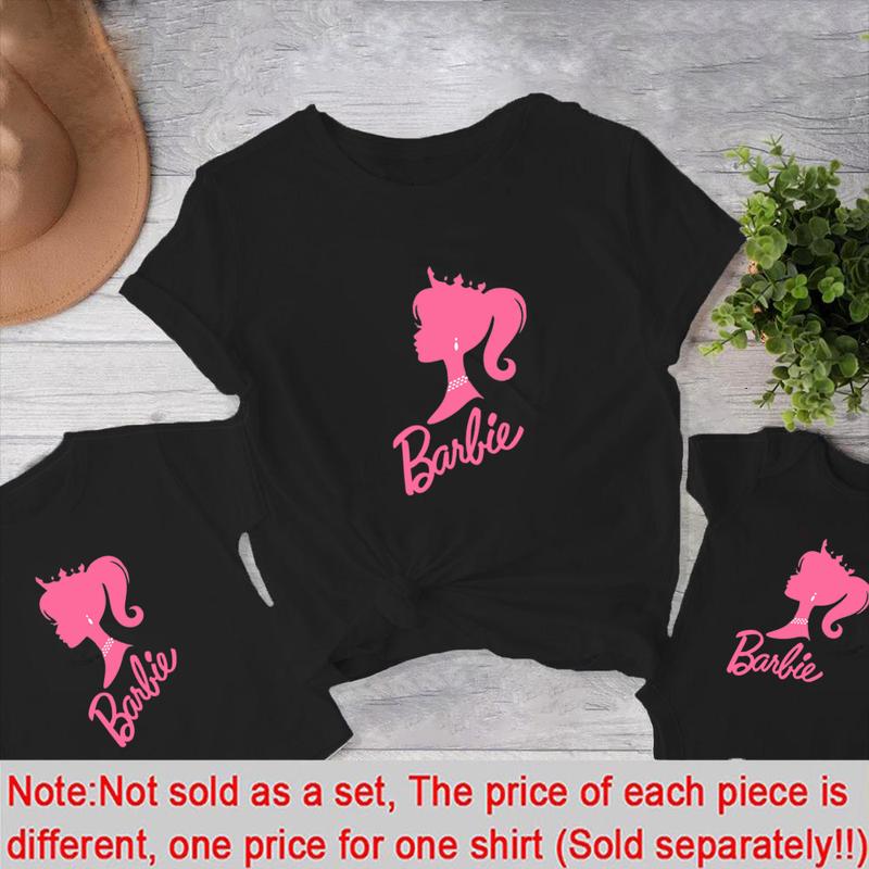 Product Introduction of Barbie Girl Print Family Matching Clothes Summer Mom and Me Parent Child T-shirt Girl Short Sleeve Tee Tops White/Pink/Black Baby Romper 38