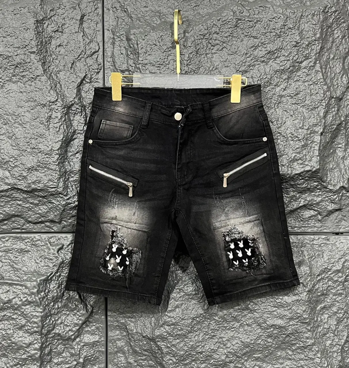 Quần short nam đen rách vá gối vá thỏ khóa kéo cực chất Và phối dây kéo co giãn tốt shop Jean Menswear Pants Có Túi