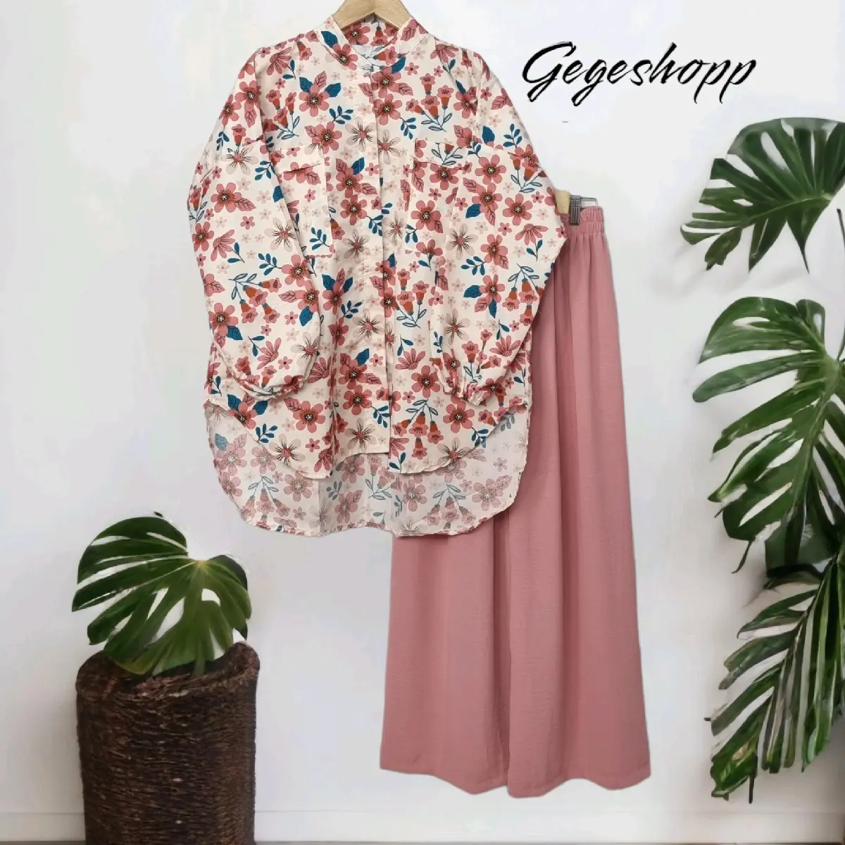 Gege-Oneset Flower tunik Wanita motif Bunga Baju Atasan+ Celana Airflow