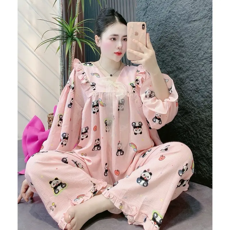 Set Bộ áo quần dài BaByDoll Đũi Xốp In hoạ tiết dễ thương . Nữ 7