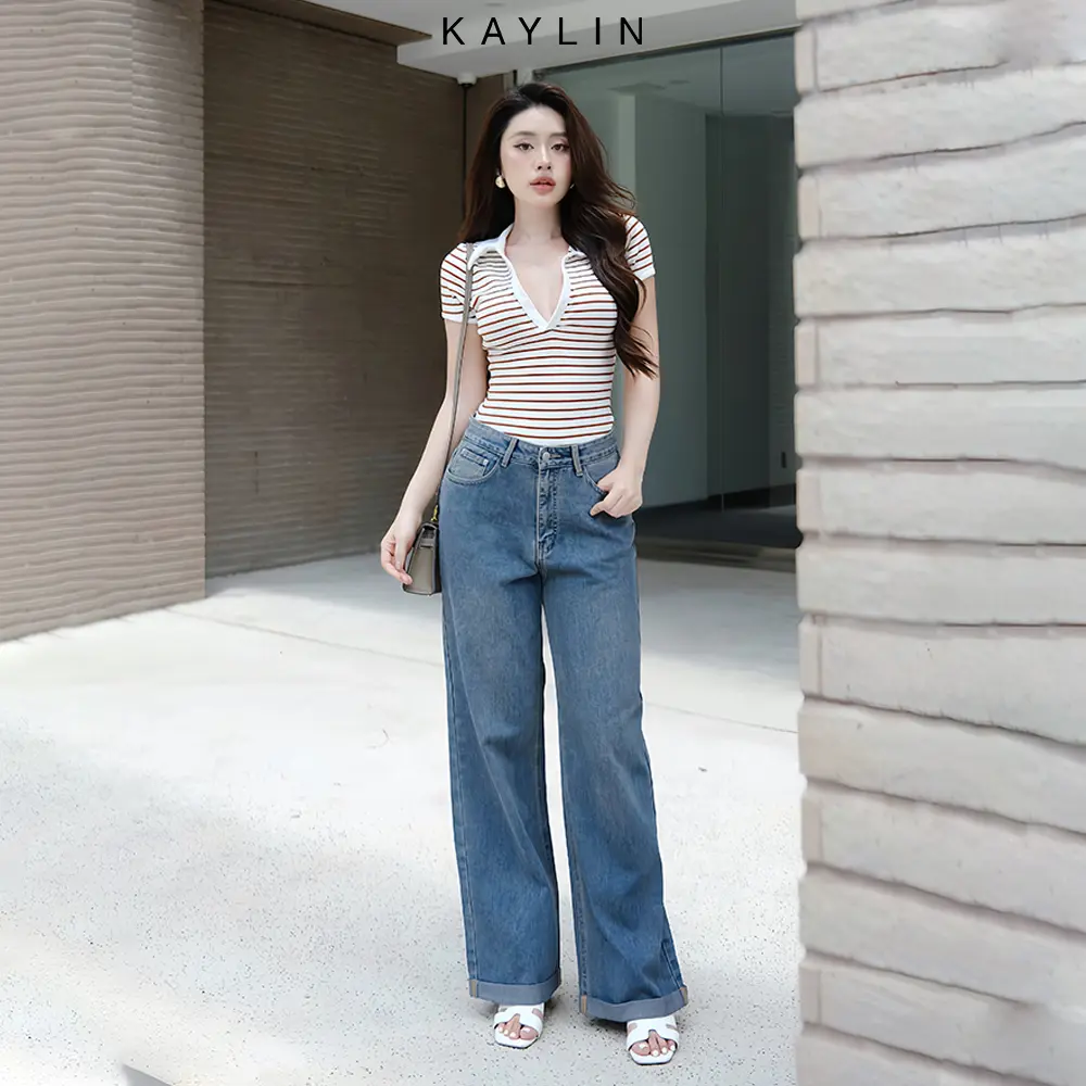 Quần jean nữ gấp lai KAYLIN dài basic form suông phong cách N2158 Women Denim Pants Có Túi Baggy