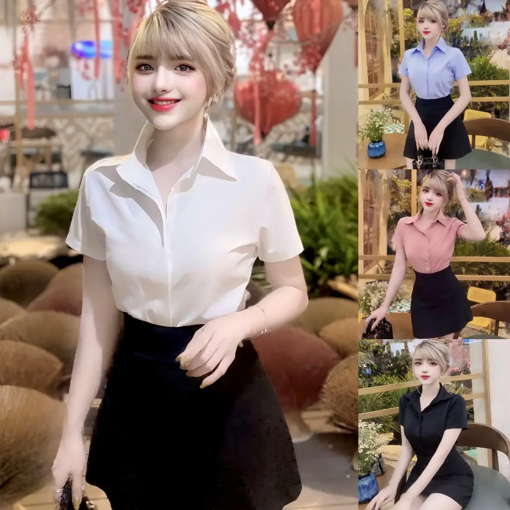 [QIHO ] Áo Sơ Mi Ngắn Tay Nẹp Giấu Cúc Phong Cách Hàn Quốc Qiho  - Women, Nữ Top