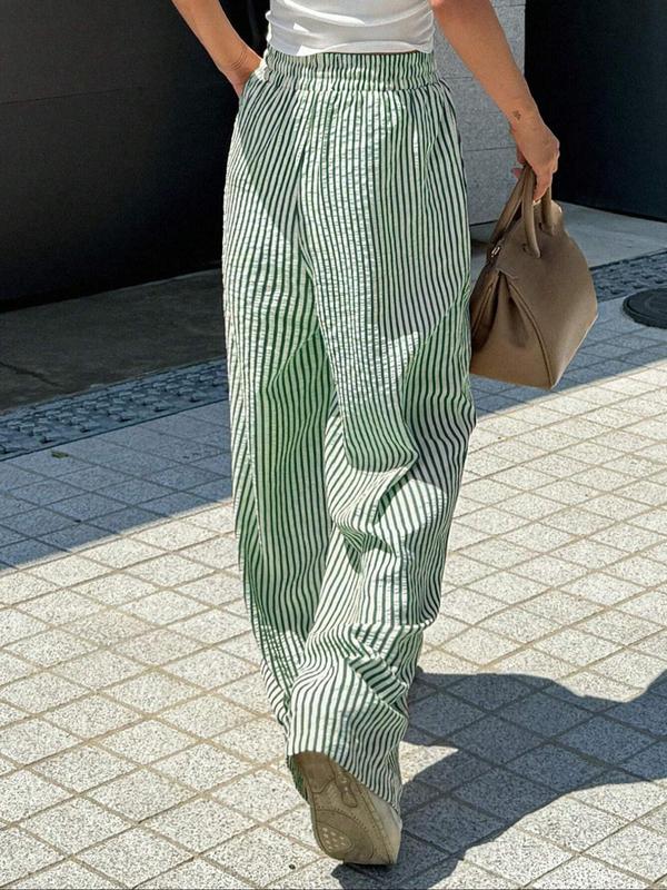 Women's Striped Print Drawstring Waist Wide Leg Pants, Casual Pocket Trousers for Summer, Women's Bottoms for Daily Wear, Trousers for Women 4