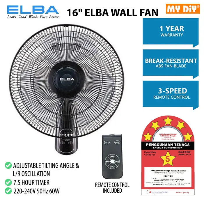 16 inch ELBA Wall Fan Remote Control Wall Fan 3 Speed Abs Blade 1 YEAR WARRANTY