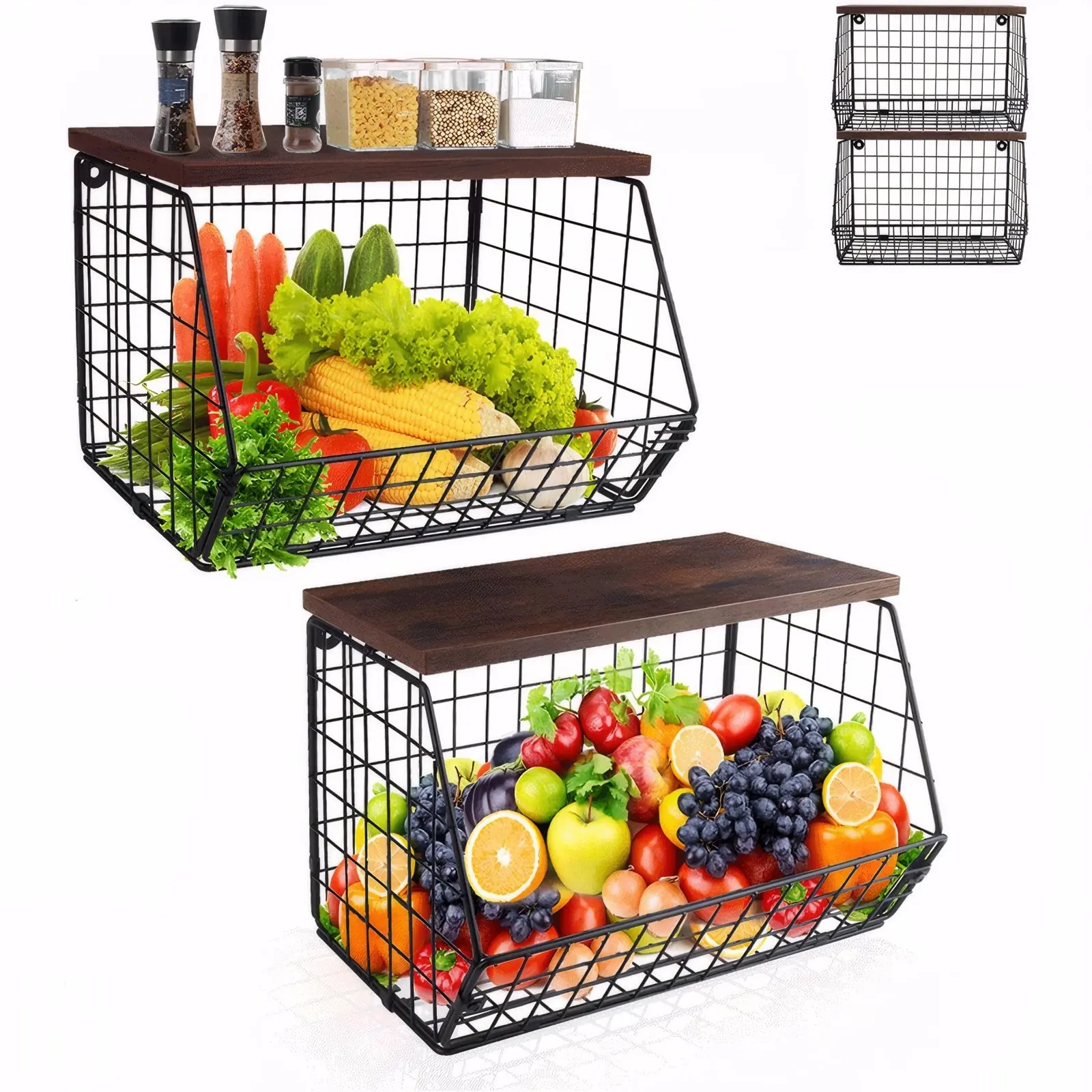 Wire Mesh Fruit Basket, 1/2 Counts Stackable Wall Mounted Hanging Basket with Wood Lid, Fruit & Vegetable Storage Basket for Kitchen Counter