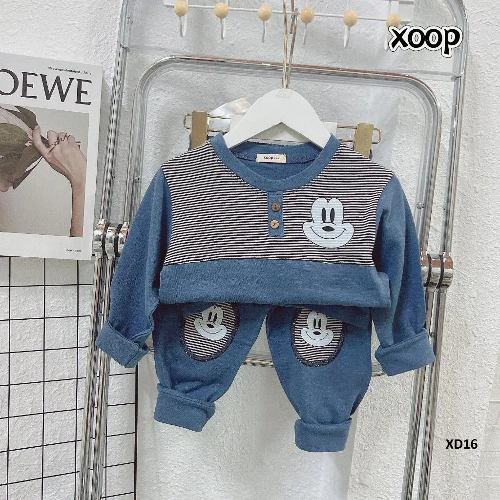 Bộ dài tay XOOP cotton xược kẻ nhỏ cổ trụ,quần có 2 đáp gối  in họa tiết động vật cho bé (10-22kg) XD16 Phúc Yến