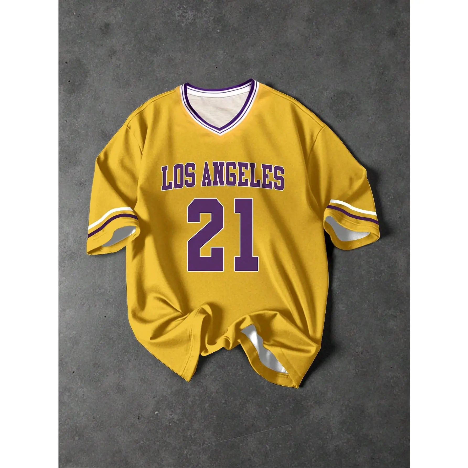Men's casual digital printed loose T-shirt, men's bright yellow loose short sleeved basketball Jersey style T-shirt, classic V-neck design, printed with purple Los Angeles letters and numbers