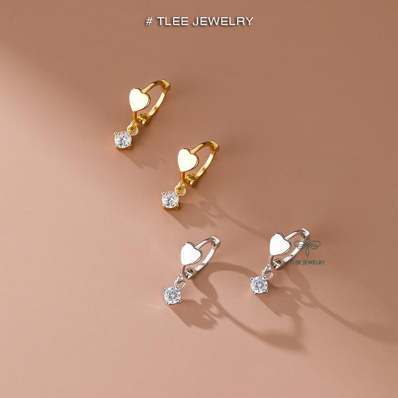 Khuyên tai bạc nữ TLEE mẫu tròn trái tim đính tua đá mini đường kính 8mm đeo dáng ngắn TLEE JEWELRY B0381