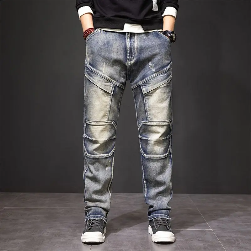 Retro Nostalgic Functional Pu Shuai Overalls Men's Stitching Fashion Brand Spring and Autumn Jeans Men's plus Size-Pocket Pencil Pants