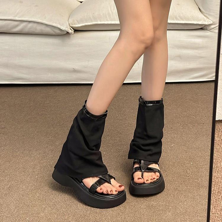 【Vận chuyển hàng Việt Nam Thời trang Hàn Quốc dài ống cao gót sandal Y2K phong cách One Piece Buckle Clip ngón chân mát mẻ khởi động PU Muffin đế giữa và giữa ống thời trang giày dép nữ sinh viên