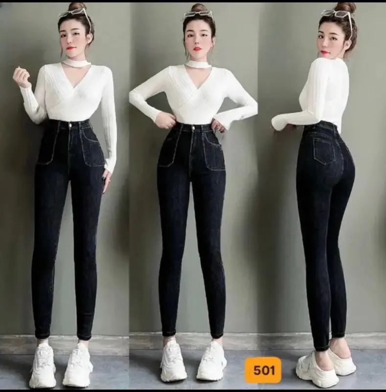 Quần jean nữ lưng cao vừa túi vuông dáng ôm chất co giản dễ mặc - Women's Pants Denim Khuy 1