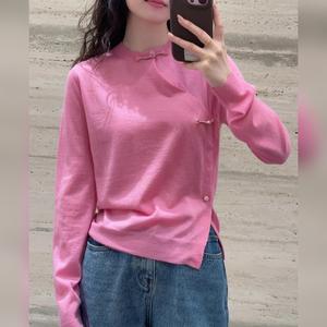 Áo thun len màu hồng phong cách Trung Hoa mới dành cho nữ, thiết kế xẻ bên hông mùa hè, tay dài, ôm sát, áo thanh lịch.