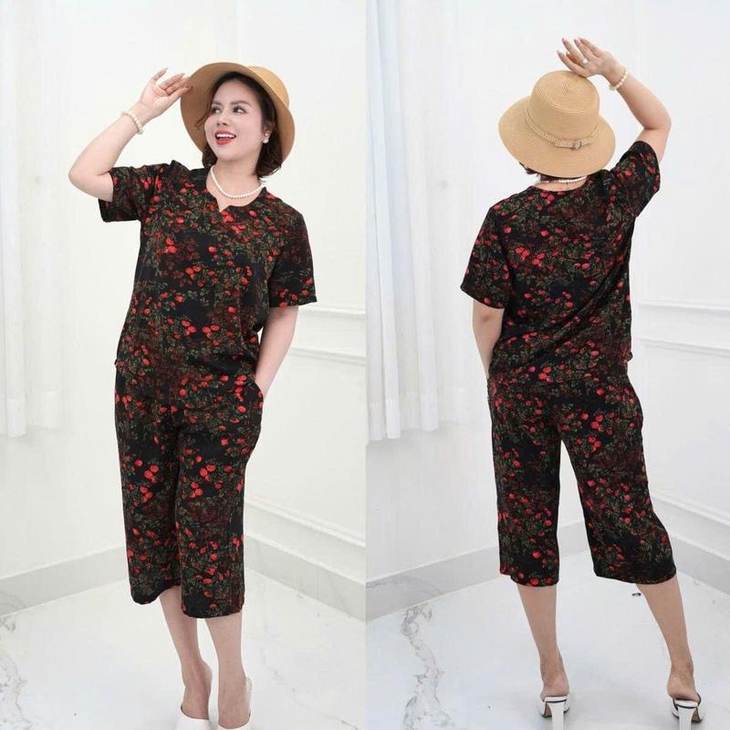 Đồ bộ trung niên cho mẹ và bà mặc ở nhà có áo cổ tròn quần lửng suông chất lụa nhập co dãn thoải mái HMS19A hàng đẹp 3