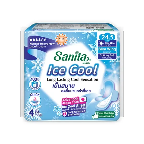 เปลือยกาย[แพ็คสุดคุ้ม X 3ห่อ] Sanita Ice Cool / แซนนิต้า ผ้าอนามัย ไอซ์ คูล สลิม มีปีก ผิวสัมผัสนุ่ม / แบบกลางวัน  24.5ซม. 14ชิ้น