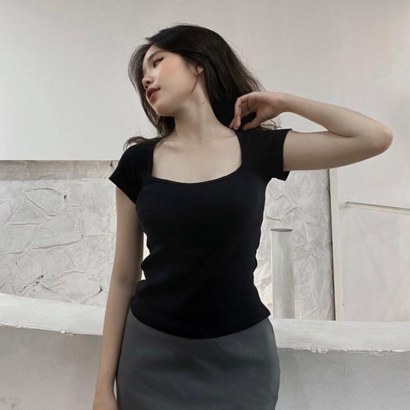 🌸elephant🌸Áo Croptop Tay Ngắn Dáng Cúp Ngực Cổ Thuyền Ôm Body Nữ 1